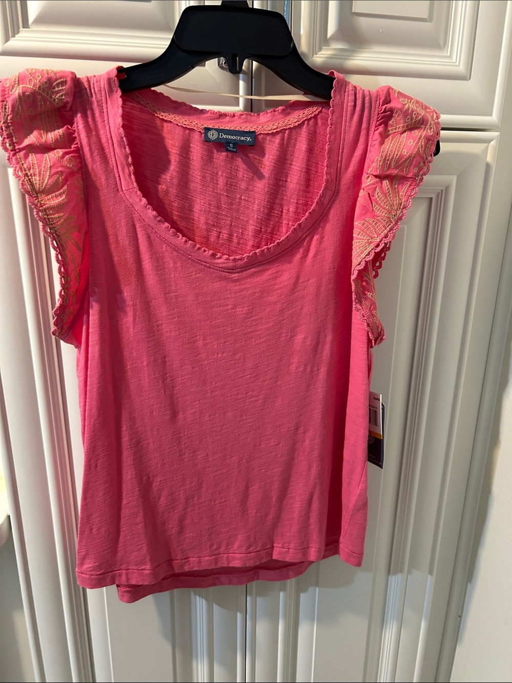 Democracy Hot Pink Sleeveless Tank with Embroidered Flutter Shoulders